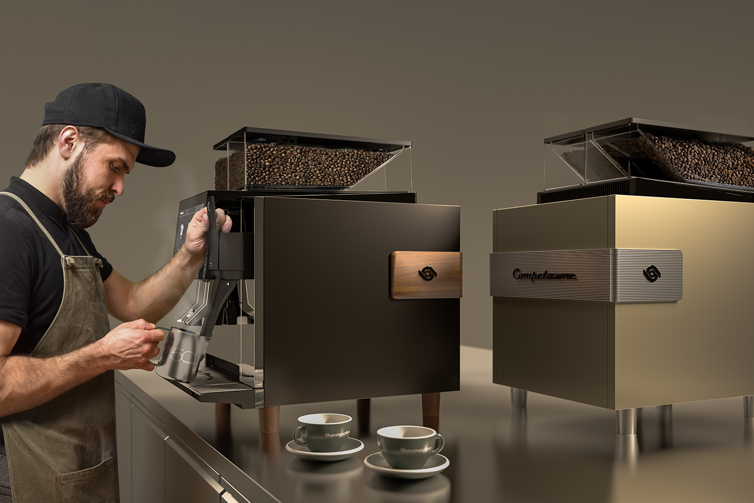 Barista foams milk on fully automatic coffee machine